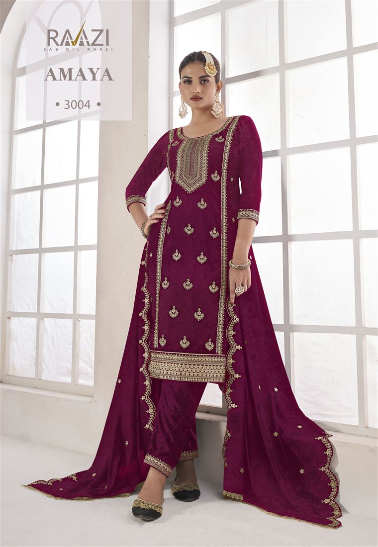 Violet Colour Zari Work Fancy Velvet Suit
