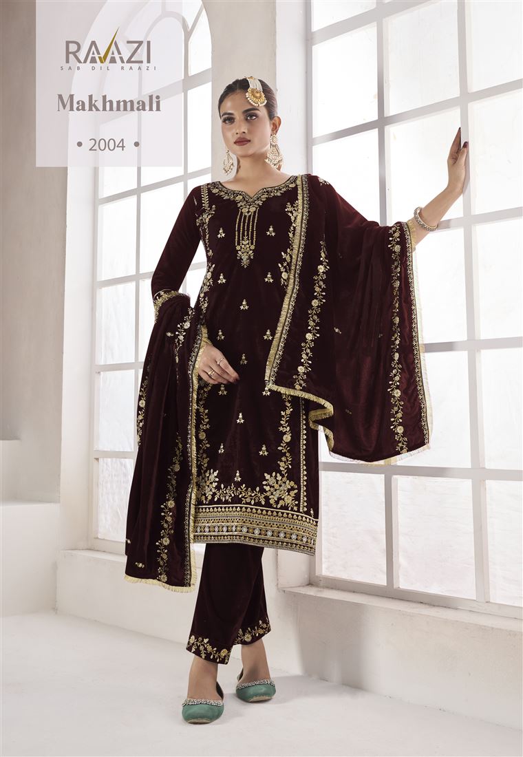 Violet Colour Zari Work Fancy Velvet Suit