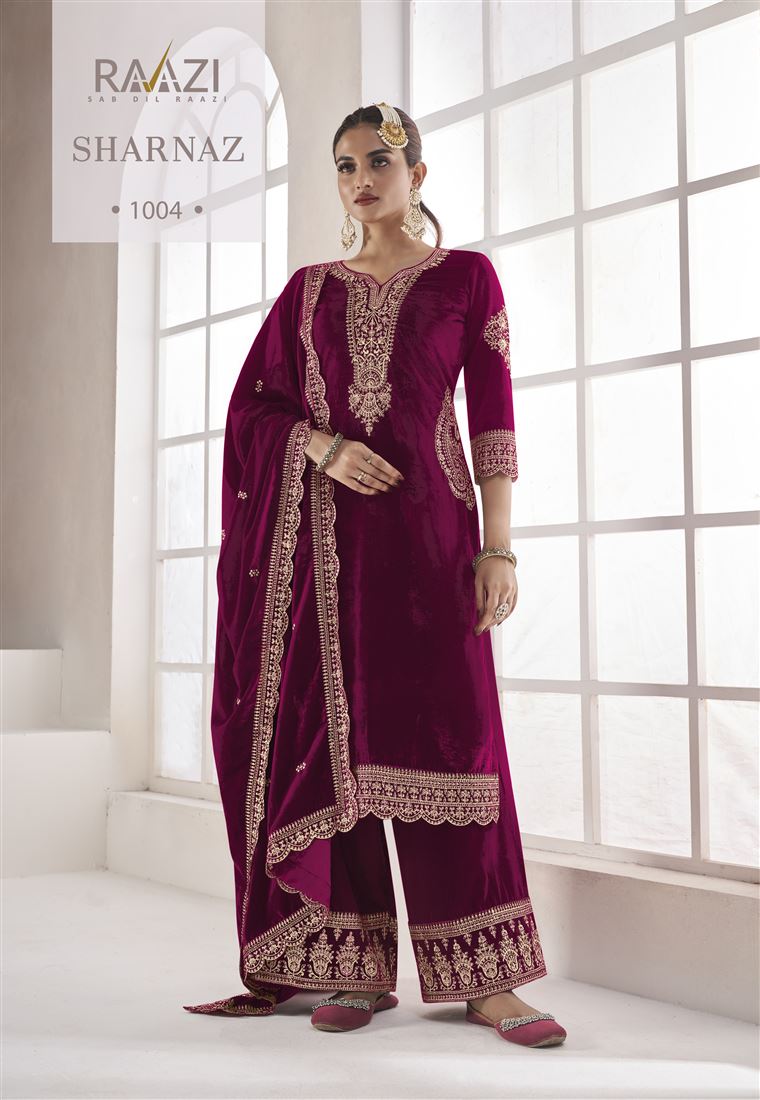 Violet Colour Zari Work Fancy Velvet Suit