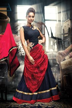 BLACK GOWN WITH RED DRAPING STYLE PATTERN
