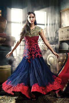 BLUE INDO -WESTERN GOWN WITH RED GOLDEN EMBROIDERY
