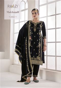 Blue Colour Zari Work Fancy Velvet Suit
