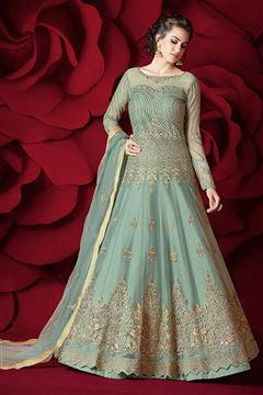 Net Fabric Cyan Color Wedding Wear Sawar Kameez