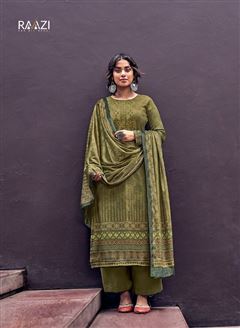 Pashmina Digital Print Dress In Mehendi Colour Wit