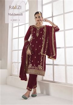 Red Colour Zari Work Fancy Velvet Suit