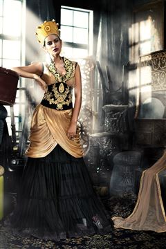 STYLISH GOLDEN BLACK GOWN IN GEORGETTE SATIN