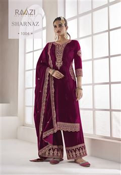 Violet Colour Zari Work Fancy Velvet Suit